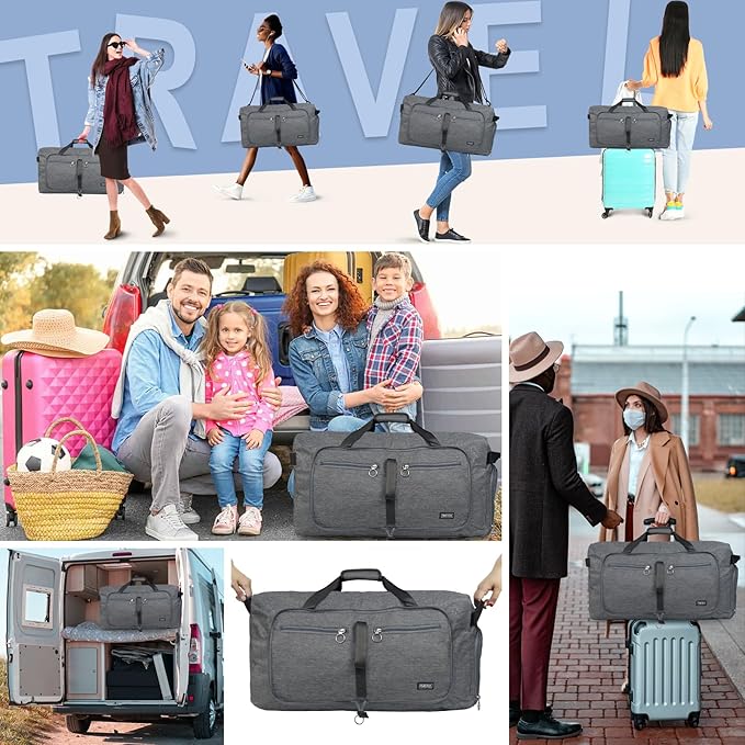 Fmeida 65L Duffle Bag with Shoes Compartment, Foldable Travel Duffel Bags for Men Women, Large Packable Travel Bag Water Repellent & Tear Resistant (Gray)