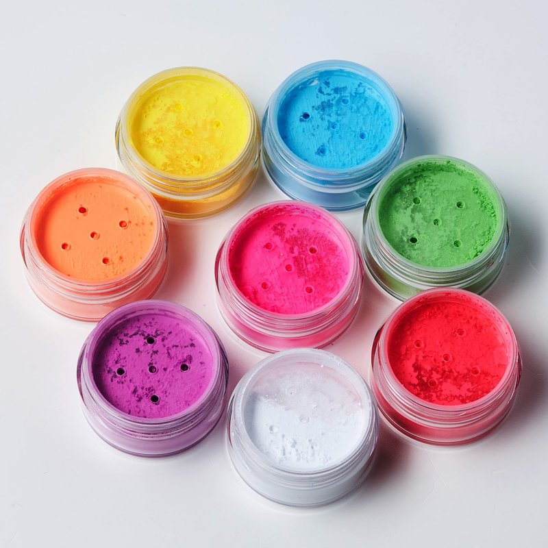 Moon Glow - Blacklight Neon UV Pigment Shaker 0.1oz Set of 8 – Glows brightly under Blacklights/UV Lighting! Use on the face/body, as loose eye shadow and for nail art