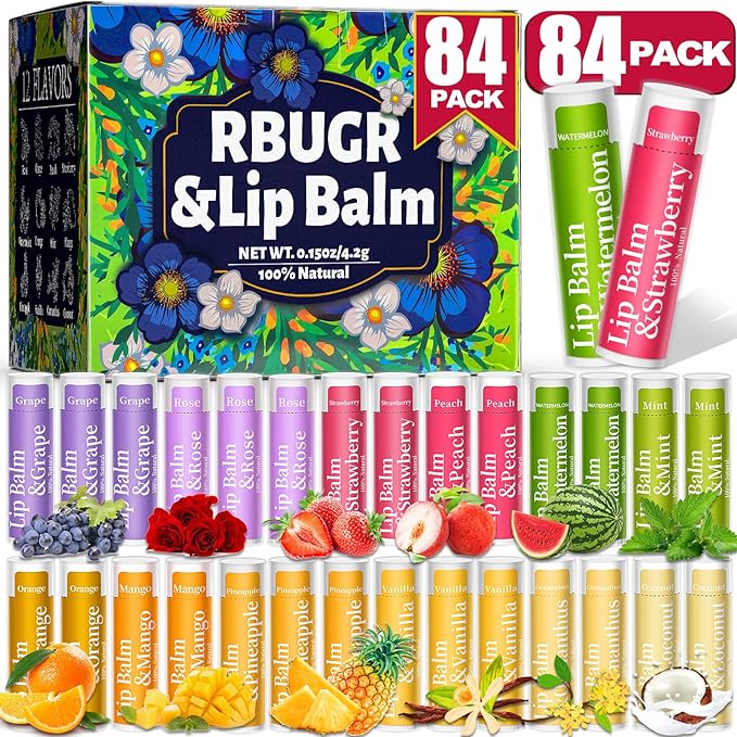 84 Pack of Lip Balm, 12 Flavored Lip Balms Natural Organic Vitamin E Lip Balms Pack for Dry Cracked Lips, Moisturising Lip Balm Bulk Gifts Stocking Stuffers Party Favors(4.2g/0.15oz)