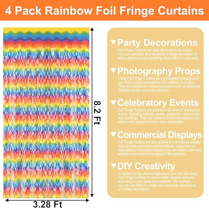 4 Pack Dark Rainbow Wave Foil Fringe Curtain Backdrop, 3.28Ft x 8.2Ft Metallic Tinsel Foil Fringe Streamer Curtains for Photo Booth, Mother's Day, Easter, Birthday, Wedding Party Decoration