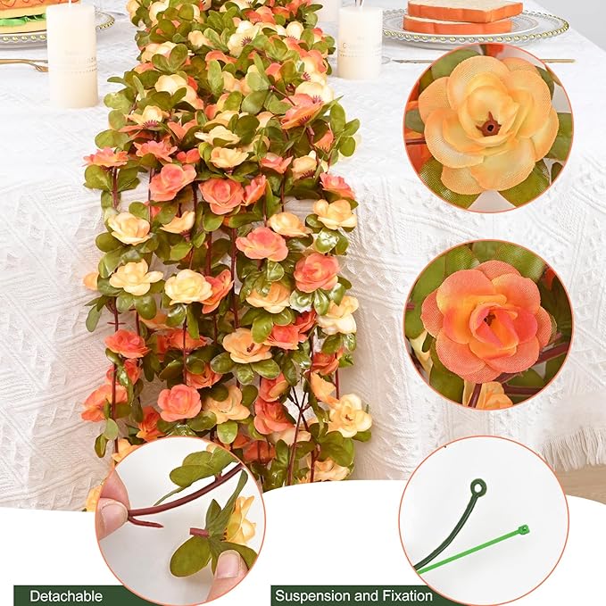 MARTINE MALL Flower Vines, 5 Strands 41Ft Rose Vines for Bedroom, Champagne and Orange Floral Garland for Room Birthday Wedding Party Garden Wall Decor