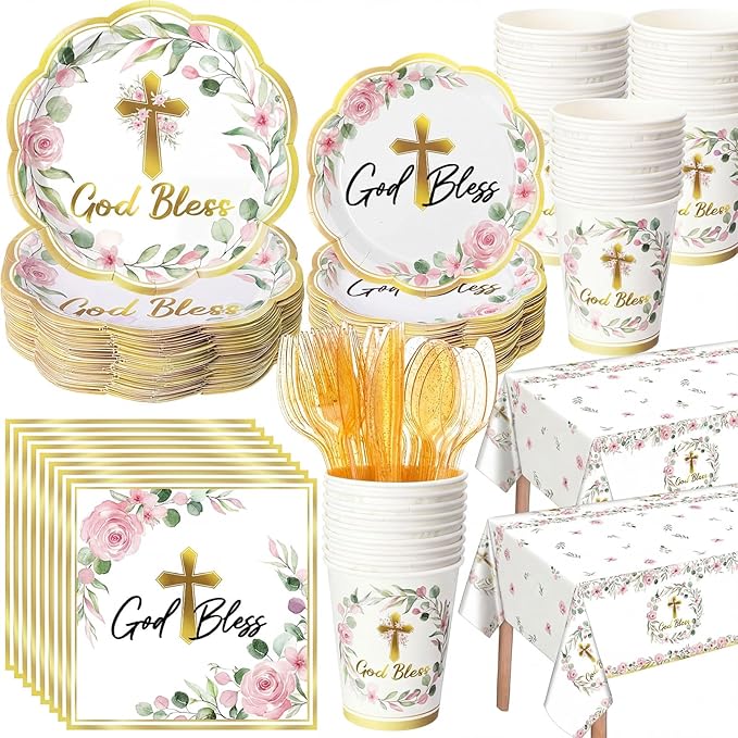 Pickmesh 194 Pcs God Bless Baptism Party Decoration Girl for 24, Pink Floral Baptism Paper Plate Napkin Cup Tablecloth Cutlery First Holy Communion Tableware for Christening Baby Shower Supply