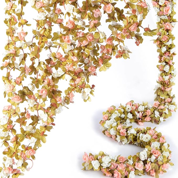 8 Pcs x 8.2 ft Flower Garland Artificial Rose Vine Flowers with Green Leaves Hanging Fake Roses Vine for Room Party Home Wedding Birthday Christmas Wall Arch Decor, Pink White Flower
