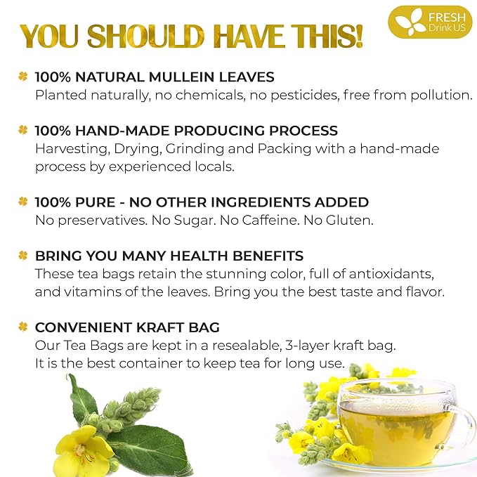 FreshDrinkUS, Premium 120 Mullein Leaf Tea Bags For Lung, 100% Natural & Pure from Mullein Leaves. Loose Leaf Mullein Herbal Tea. Made with Natural Material Tea Bags. No Sugar, No Caffeine, No Gluten, Vegan.