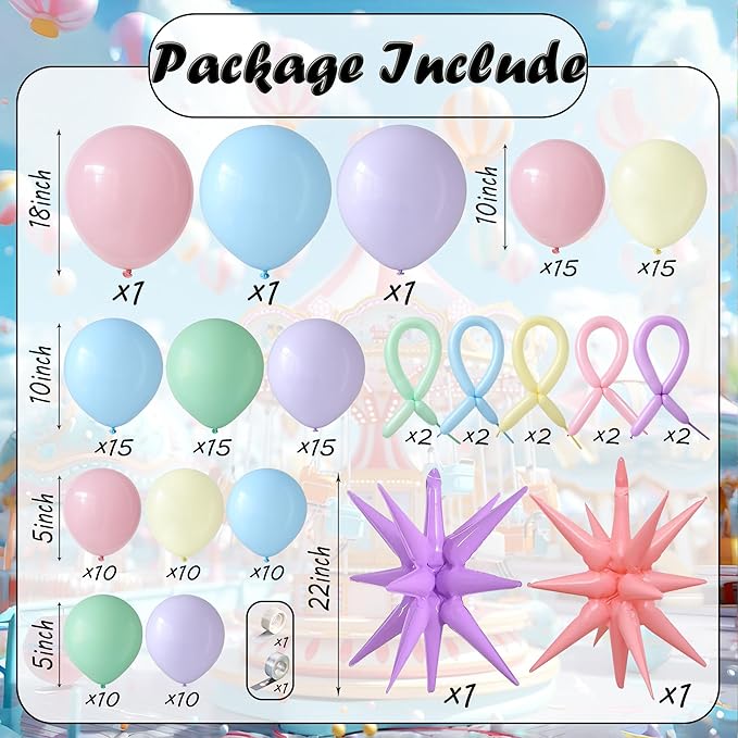 Carnival Circus Pastel Balloon Arch Garland Kit, 143pcs Macaron Pink Purple Blue Green Yellow Balloons Explosion Star Foil Balloons for Carnival Theme Birthday Party Baby Shower Decorations