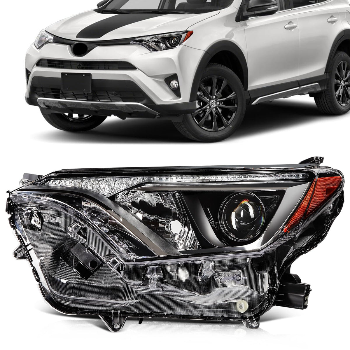 SCITOO Headlight Assembly Fit 2016-2018 for Toyota RAV4 Black Housing Amber Reflector Pair Headlights 81170-0R080