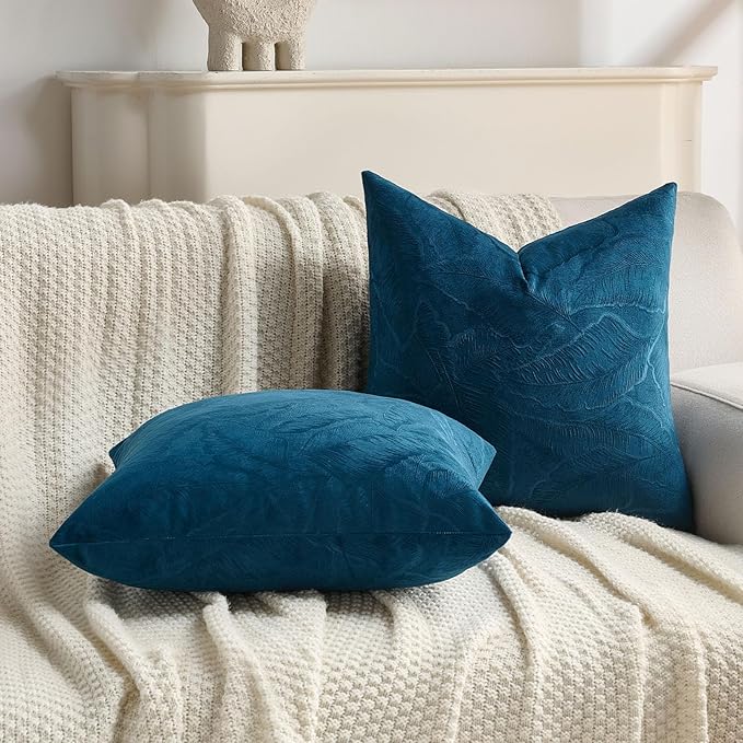 FUTEI Navy Blue Velvet Throw Pillow Covers 22x22 Inch Set of 2,Soft Embossed Leaf-Relief Textured Cushion Cases,Natural Home Decor for Couch Living Room