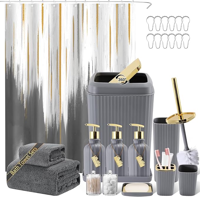 32PC Bathroom Accessory Set Bathroom Accessories Set Grey Bathroom Set, Shower Curtain Set, 2 Piece Bath Towel Set, 3PC Soap Dispenser, Toilet Brush & Trash Can