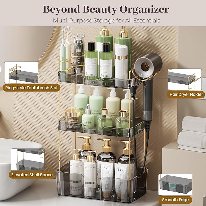 Aveniee Bathroom Counter Organizer,3 Tier Skincare Perfume Countertop Storage with Hair Dryer Rack and Toothbrush Holder, Cosmetic Makeup Tray for Vanity,Grey