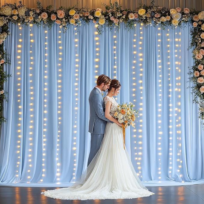 20 x 10ft Baby Blue Backdrop Curtains with Lights String for Baby Shower Photo Backdrop Drapes Wrinkle Free Polyester Long Curtains for Parties Wedding Reception Bridal Shower Ceremony-5 x 10ft 4Panel