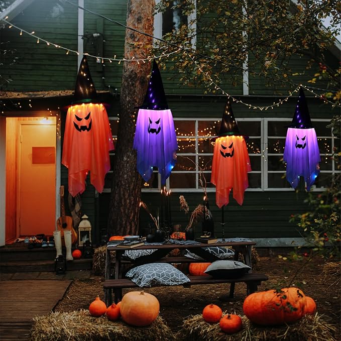 BokingOne Halloween Decoration 2 Pcs Large Halloween Lighted Glowing Ghost Witch Hats, Hanging Ghost Ornaments for Indoor Outdoor Home, Garden, Tree, Yard Party Decor