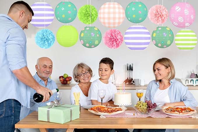 14pcs Easter Party Hanging Decorations – Vintage Paper Lanterns and Pom Poms Set for Classroom, Birthday Supplies, Egg Hunt, Indoor Home Spring Decor