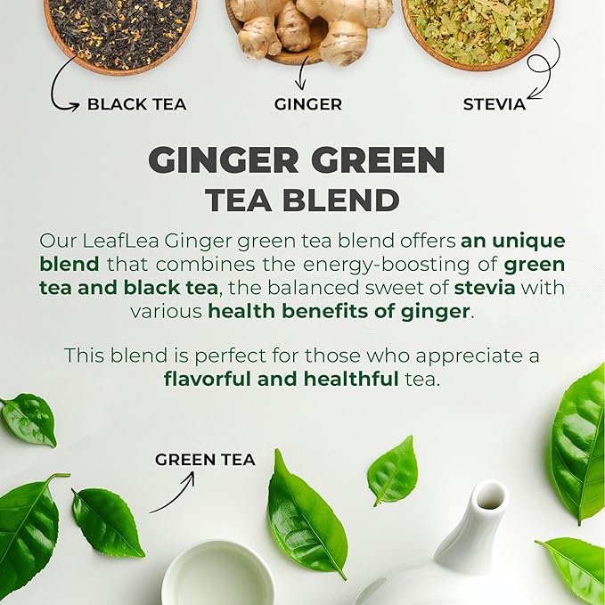 LeafLea Ginger Green Tea, 120 Tea Bags, Premium Green Tea Blend with Pure Ginger Root, Supports Digestive Wellness, Natural Flavor, Low Caffeine, Sugar-Free