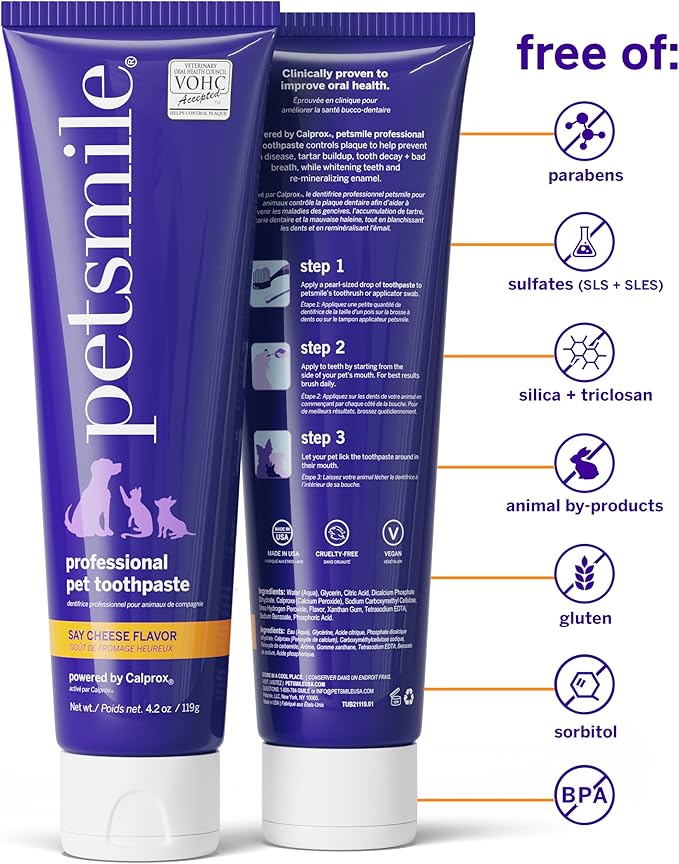 Petsmile Professional Pet Teeth Brushing Kit for Cats & Dogs - Only VOHC Accepted Toothpaste & Patented Toothbrush - Proven to Control Plaque & Tartar Calprox Formula (Say Cheese, 4.2 Oz)