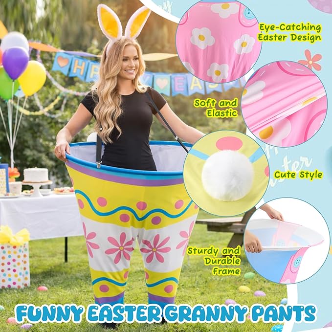 4 Sets Easter Granny Pants Outdoor Games, Giant Granny Cute Pants with Egg Balls & Bunny Ear Headbands, Funny Spring Yard Tossing Game for Adults Family Party Gathering (Various Style)