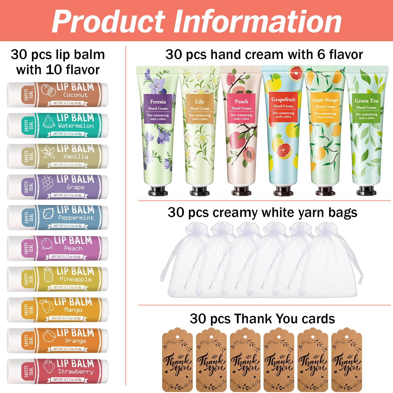 AZEN 30 Sets Bulk Gifts, Hand Cream and Lip Balm Bulk Set with Organza Bag Thank You Card, Baby Shower Wedding Gifts for Guests, Bridal Wedding Favors