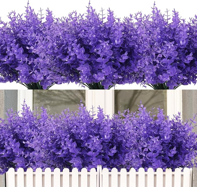 RECUTMS 12 Bundles Artificial Flowers for Outdoors UV Resistant Artificial Greenery Fake Eucalyptus Plants Boxwood Plants Outdoor Shrub Front Porch Patio Spring Decorations for Home(Pure Purple)