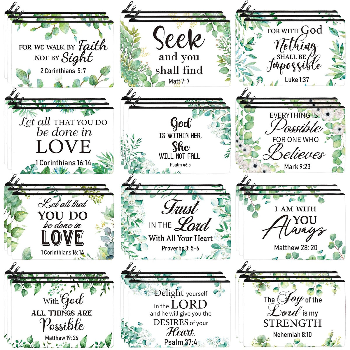 Hillban 36 Pcs Christian Gifts for Women Christian Makeup Bag Bible Verse Cosmetic Bag Inspirational Pencil Case with Zipper Green Leaves Travel Organizer Pouch for Cosmetics Makeup Brushes, 12 Styles