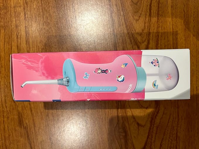 Kids Water Flosser Pink, Rechargeable Oral Irrigator for Kids Aged 6+, 4 Modes, 3 Jet Tips, Fun Stickers, Safe and Gentle Oral Care