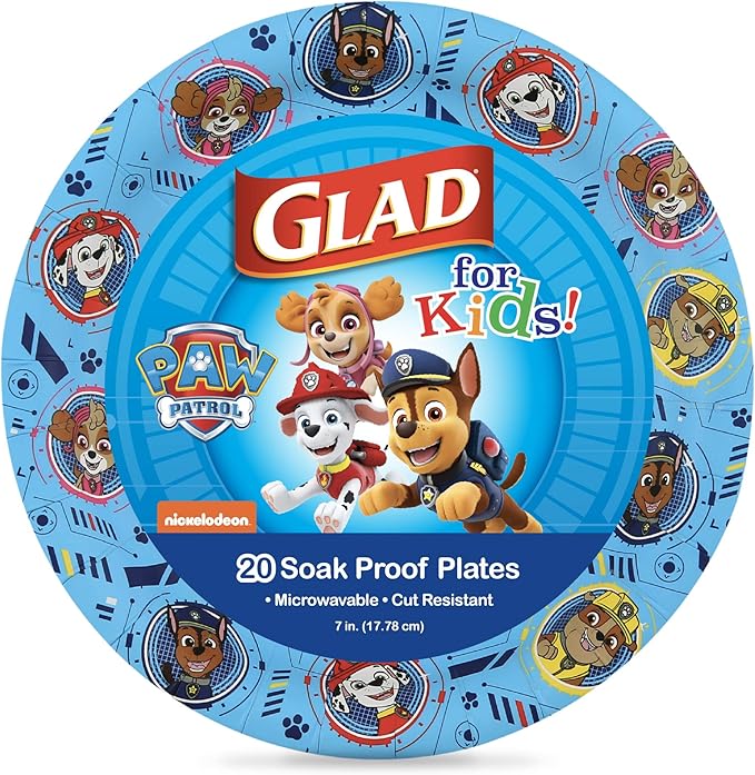 Glad for Kids Paw Patrol Disposable Paper Plates, Heavy Duty Soak Proof Microwavable Kids Plates for Parties, Birthdays, and Everyday Meals, Core Pups Blue, 7 Inch, 20 Count