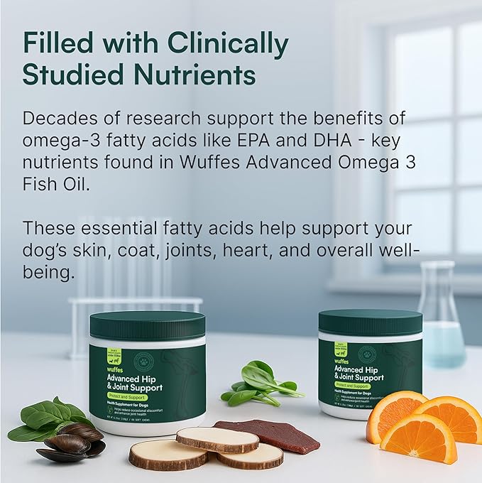 Wuffes Advanced Dog Hip and Joint Supplement with Glucosamine, Chondroitin, Omega 3, MSM, and Green Lipped Mussel, 60 Pork Flavored Chews for Small and Medium Dog Breeds