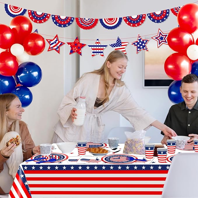 170 Pcs Patriotic American Flag Plates Napkins Cups Tablecloth Banner Red White Blue 4th of July Party Supplies for Flag Day, Veterans Decorations Serve 24