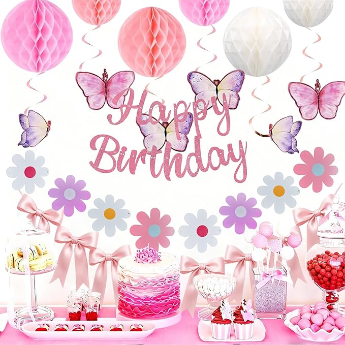 Pink Birthday Decorations Kit Happy Birthday Banner with Honeycomb Ball Butterfly Hanging Swirl Streamer Flower Garland Pink Bow Garland Banner Decoration for Women Men Boys Girls