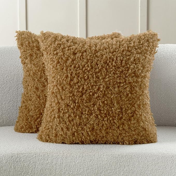 FUTEI Camel Decorative Throw Pillow Covers 18x18 Inch Set of 2,Soft Fluffy Faux Wool Fur Boucle Textured Cushion Case,Modern Home Decor for Couch Bed Living Room Office