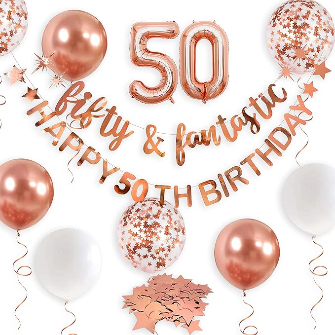 Fifty & Fantastic Rose Gold 50th Birthday Banner, Garland, Foil Balloon, Decorations, Hanging, Cheers to 50 Years Old Party Supplies Backdrop