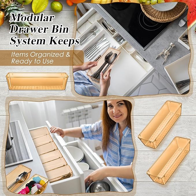 Maitys 12 Pcs Vanity Drawer Organizer 9 x 3 x 2 Inches Clear Plastic Utensil Organizers Kitchen Drawers Dividers for Office Desk Silverware Kitchen Utensils Cosmetics and Bathrooms(Champagne)