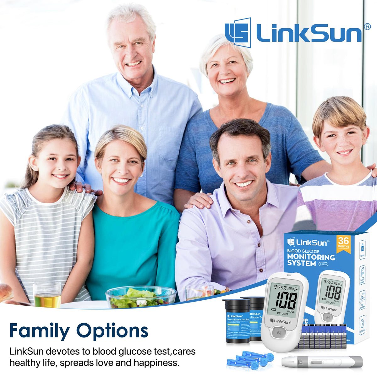 G-425-1 Blood Glucose Monitor Kit, 100 Test Strips &100 Lancets, 1 Control Solution, 1 Blood Sugar Monitor, 1 Lancing Device, Diabetes Testing Kit, No Coding, Large Display, Glucometer for Home Use