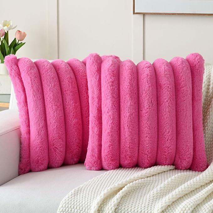 FUTEI Hot Pink Decorative Throw Pillow Covers 16x16 Inch Set of 2, Square Soft Faux Rabbit Fur Thick Striped Cushion Cover,Winter Home Decor for Couch Bed Living Room