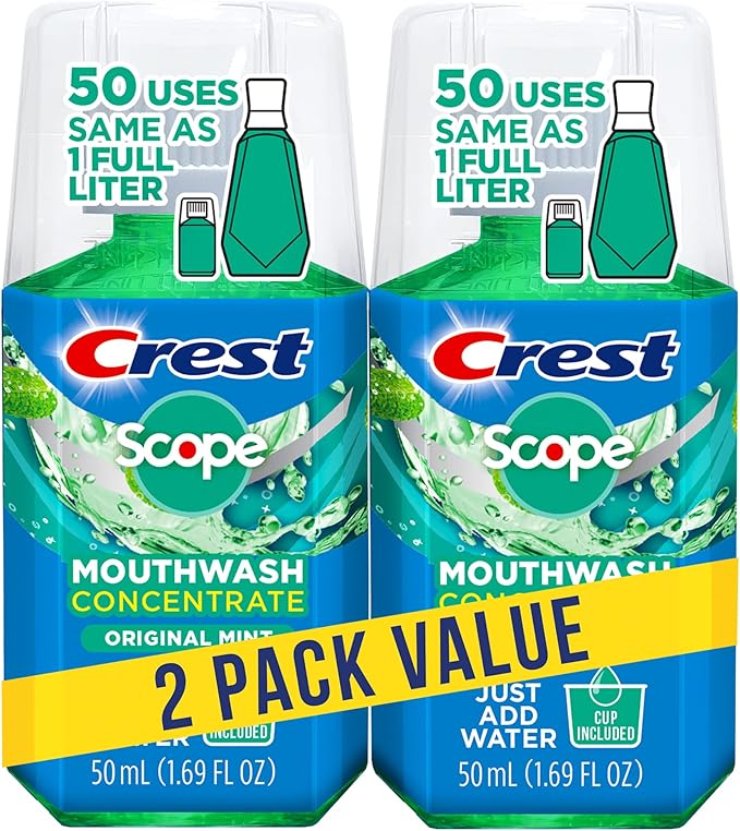Crest Scope Mouthwash Concentrate, Travel Size Mouthwash, Original Mint Flavor, Helps Freshen Breath, 2 Pack -50 ml Squeeze Bottles