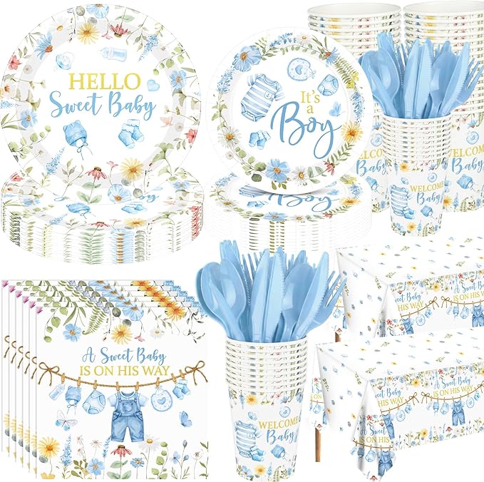 Pickmesh 194 Pcs It's a Boy Sweet Baby Shower Decorations for 24, Spring Blue Floral Baby Shower Paper Plates and Napkins Cups Tablecloth Cutlery for Gender Reveal Party Supplies
