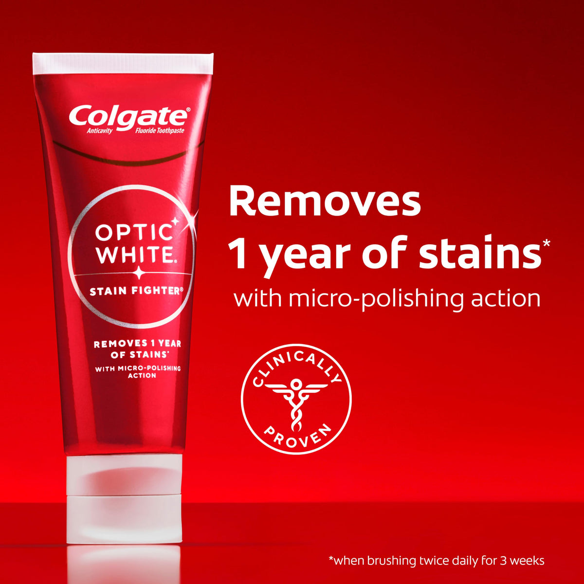 Colgate Optic White Stain Fighter Clean Mint Paste Teeth Whitening Toothpaste, 4 Pack, Anticavity Toothpaste with Fluoride, Enamel Safe Teeth Stain Remover, 3.8 OZ