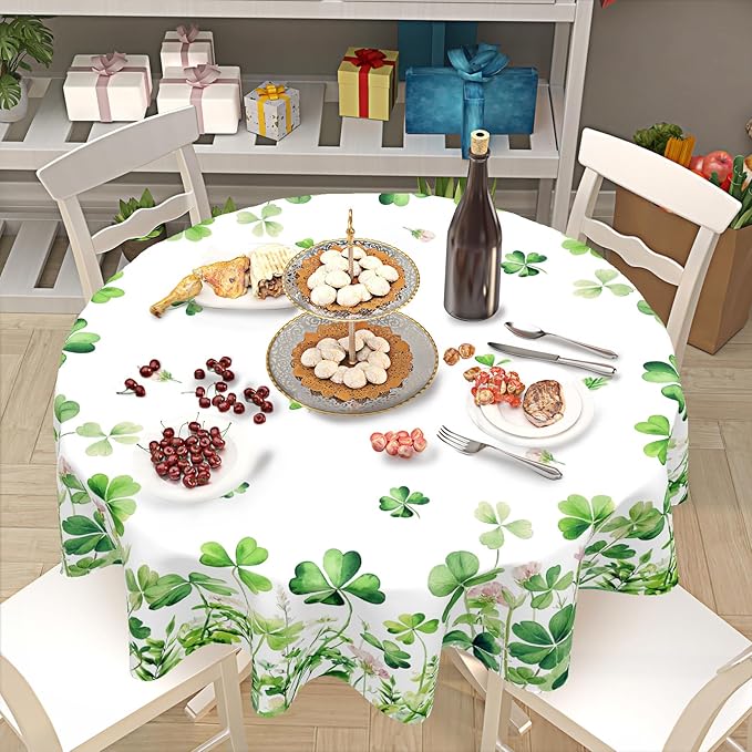 St Patricks Day Tablecloth Round 70 Inch Green Shamrock Table Cloth Farmhouse St Patrick's Day Table Cover for Kitchen Dinner Room Holiday Party Indoor Outdoor Home St Patricks Day Decor
