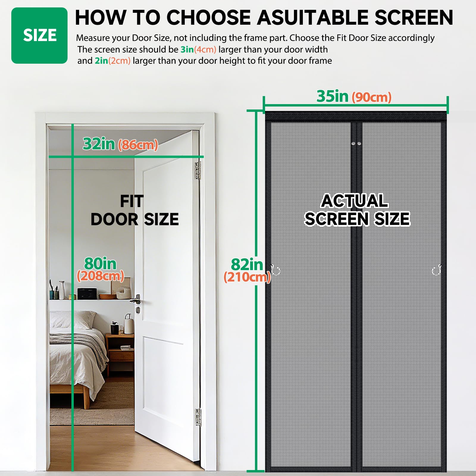 HOFUDON Upgraded Magnetic Screen Door Mesh, Full Strip Magnets, Heavy Duty Fiberglass Mesh, Door Screen Magnetic Closure for Single Door Size 32 x 80 Inch, Screen Door Size 35 x 82 Inch Black