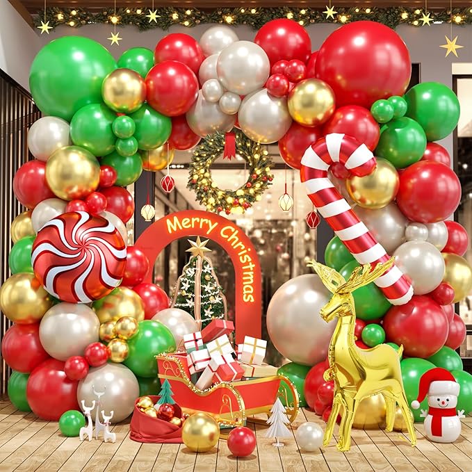 Christmas Balloon Arch Kit, Christma Green Red Sand White Gold Balloons, Candy Crutch Deer Foil Ballons for MerryChristmas Party Decorations Xmas Party Supply Birthday,Baby Shower