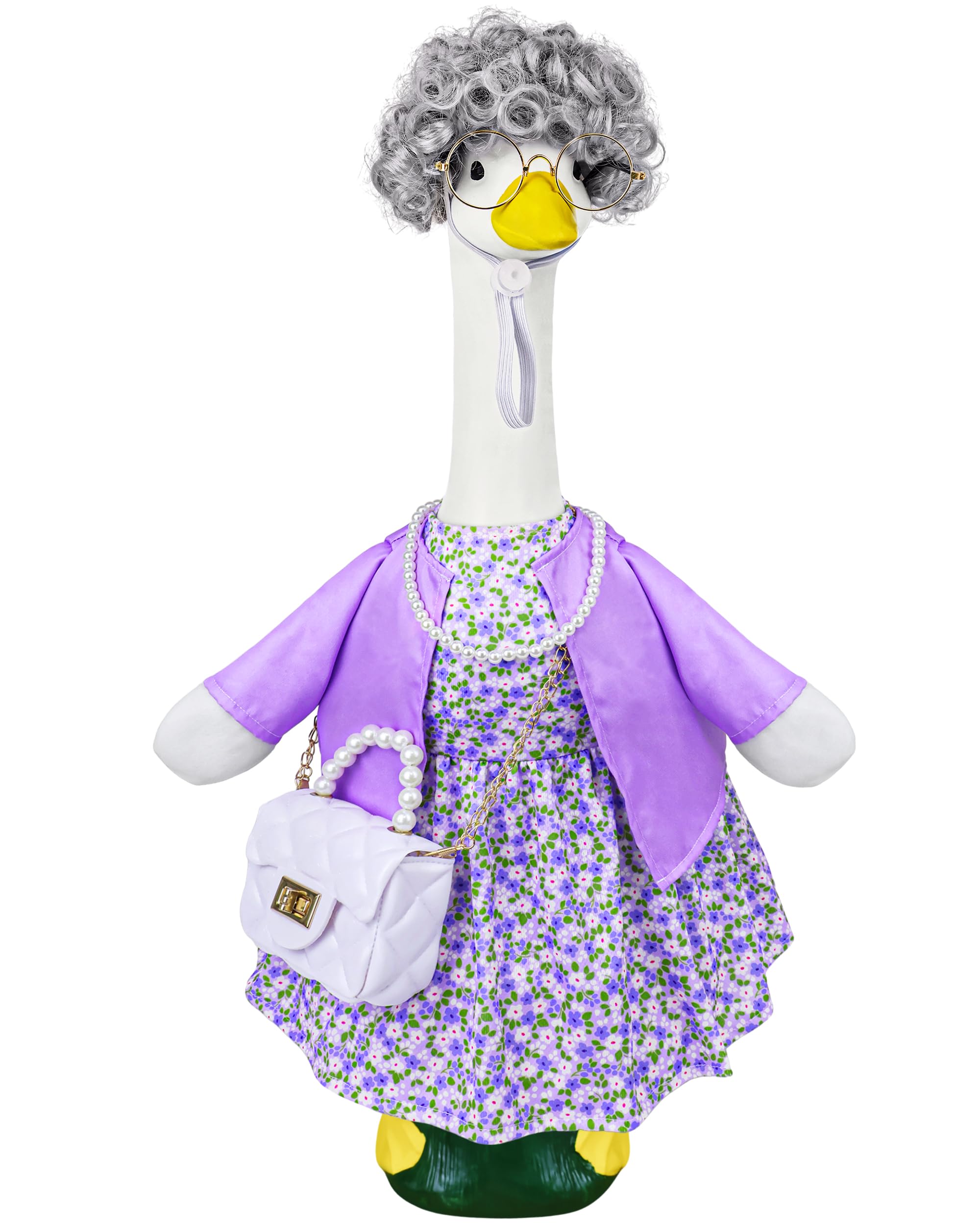 Ueyben Old Lady Porch Goose Outfits, 100 Days Grandma Wigs with Goose Clothes for 23" Lawn Cement Plastic Geese Statues for Garden Yard Holiday Decoration