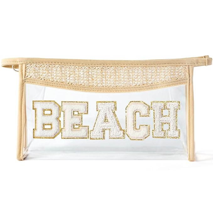 Boho Patch Beach Cosmetic Bag - Summer BEACH Chenille Varsity Toiletry Makeup Bag Beige Letter Clear Waterproof Travel PVC Zipper Clutch Daily Use Purse Summer Makeup Pouch for Women Girls