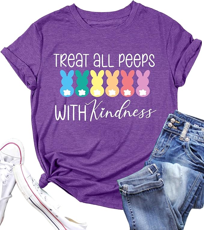 LAZYCHILD Women Easter Teacher Shirts: Funny Treat All with Kindness T-Shirt Bunny Rabbit Tee Tops