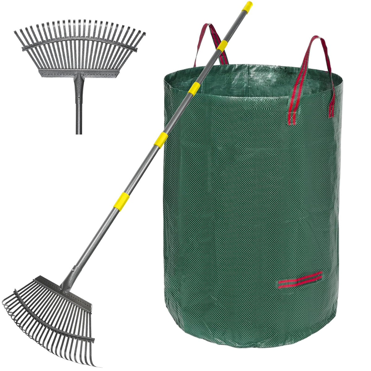 Serqd Adjustable Garden Rake for Leaves 36-73" Long Handle, 18" Wide, Heavy Duty with 25 Metal Tines ，Includes 32Gallon Leaf Bags，Designed for Lawns, Grass, Shrubs ，Flower Beds