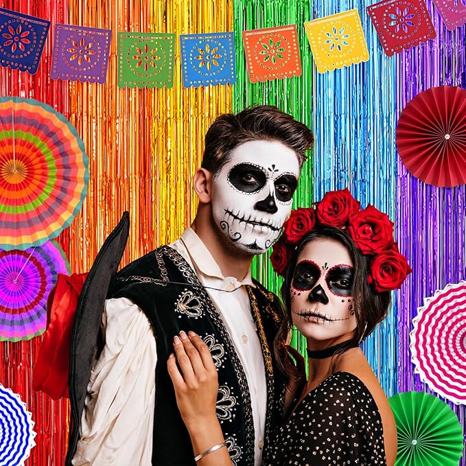 2Pack Rainbow Backdrop Curtains for Wedding Birthday, 3.3x8.2ft Fiesta Party Decorations Foil Fringe Curtains Backdrops, Rainbow Party Supplies for Halloween Metallic Tinsel Backdrop Party Streamers