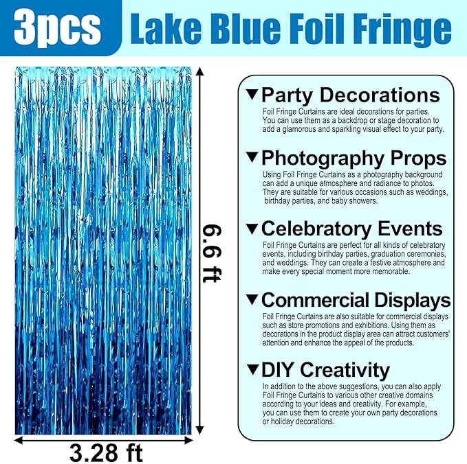3 Pack Lake Blue Foil Fringe Curtain Backdrop, 3.28Ft x 6.6Ft Metallic Tinsel Foil Fringe Streamer Curtains for Photo Booth, Christmas Day, Thanksgiving, Wedding, New Year Party Decorations