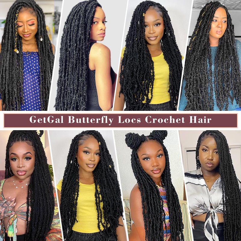 GetGal 24 inch Butterfly Locs Crochet Hair Pre Looped Distressed Faux Locs Crochet Hair for Black Women 6 Packs Butterfly Soft Locs Natural Hair Extension(24inch,1B)