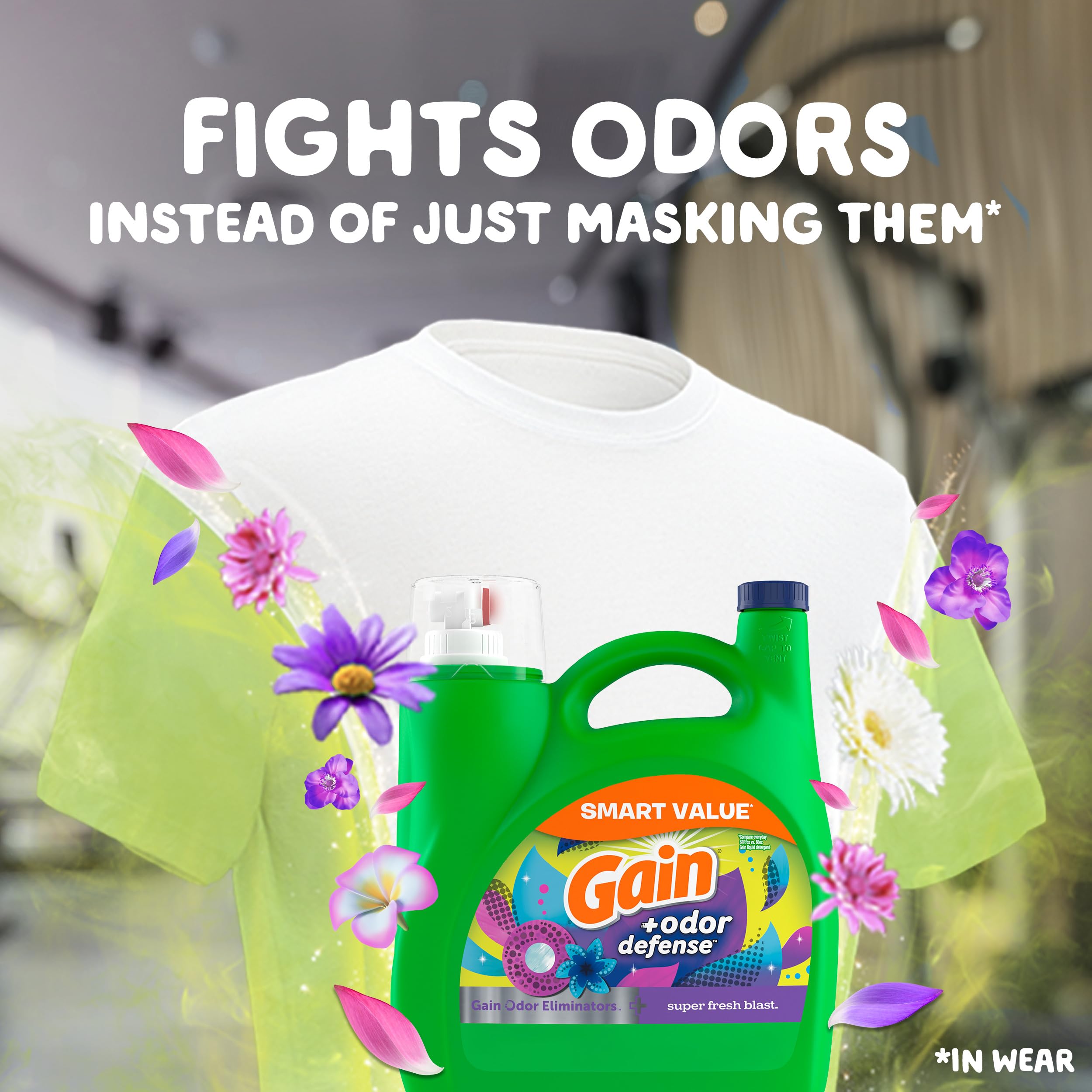 Gain + Odor Defense Liquid Laundry Detergent, Super Fresh Blast Scent, 107 Loads, HE Compatible Washing Soap (Packaging May Vary)