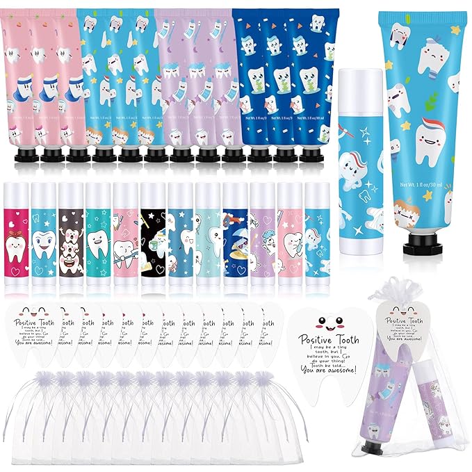 Loopeer 24 Sets Dental Hygiene Gifts Dental Hygienist Appreciation Gifts Moisturizing Lip Balm Hand Cream Dentist Thank You Gift with Cards Organza Bags for Nurse Week Valentine Birthday