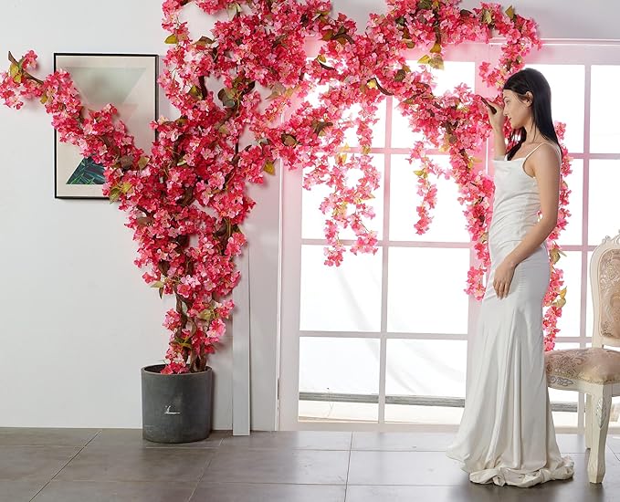 Flower Garland, Artificial Hydrangea Vine Flowers, Hanging Fake Hydrangeas Vine for Room Anniversary Wedding Birthday Christmas Wall Arch Decor, 2 Pcs, Floral Garland, Dark Pink Flower