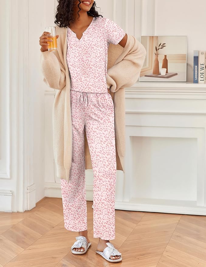Ekouaer 2 Piece Womens Pajamas V Neck Short Sleeve Top and Long Pants Pjs Print Lounge Set Sleepwear