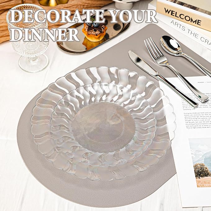 Lullaby 60PCS Clear Scalloped Plastic Plates, Disposable Elegant Party Plates Include 30pcs Dinner Plate 10.25", 30pcs Plastic Dessert Plate 7.5", Perfect for Wedding and Party